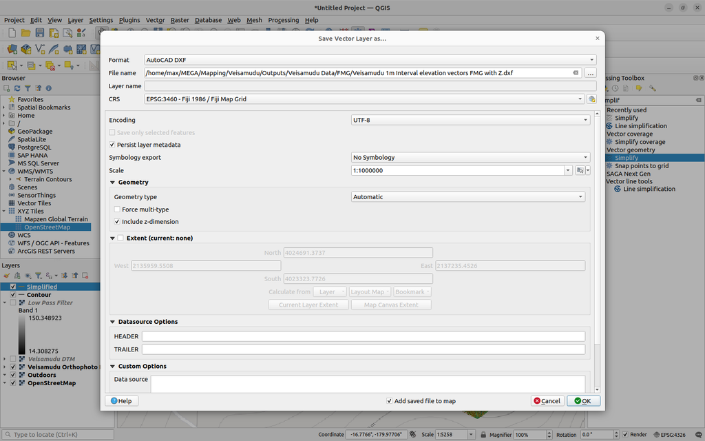 Exporting QGIS vector data in Autocad DXF with X,Y and Z coordinates